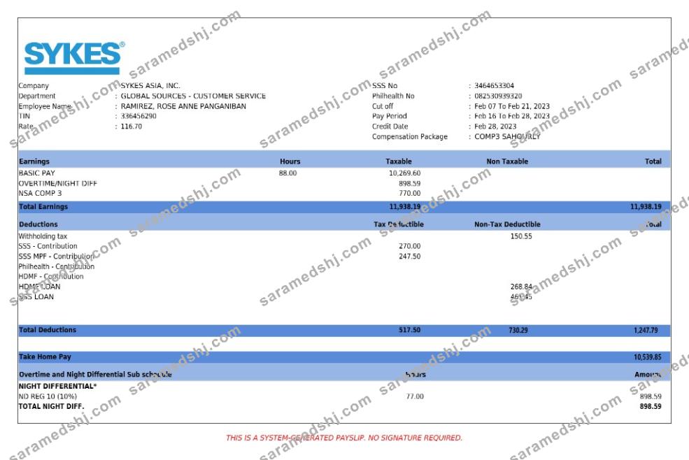 Sykes Asia business services payslip template in Word and PDF formats.pdf, 1